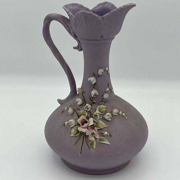 Vtg. Lefton Purple Floral Lilac Vase Raised Applied Sweet Pea Flowers Hand Paint - Picture 11 of 11